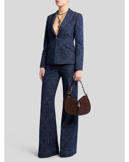 Etro Blue Flared Jacquard Denim Jeans With Pegaso Buttons