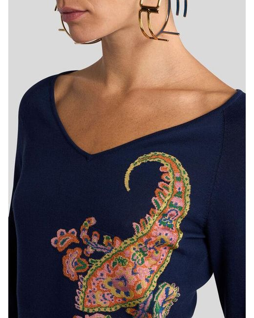 Etro Blue Cotton-Blend Jacquard Sweater With Inlays