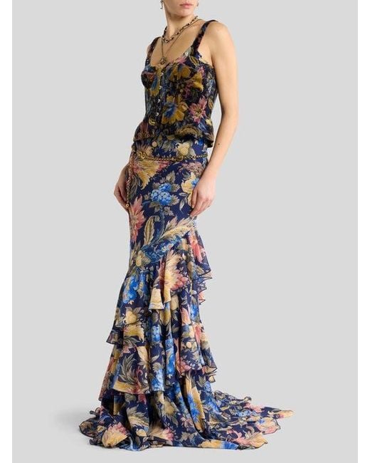 Etro White Long Seersucker Dress With Ruffles And Floral Motif