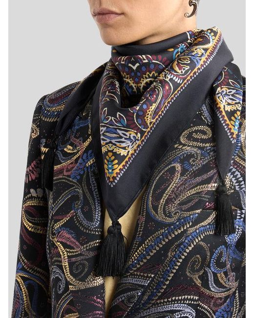 Etro Metallic Silk Scarf With Tassels And Paisley Foliage Motif