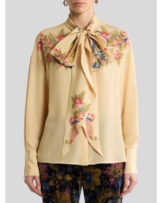 Etro Natural Silk Shirt With Silk Scarf And Placed Floral Print