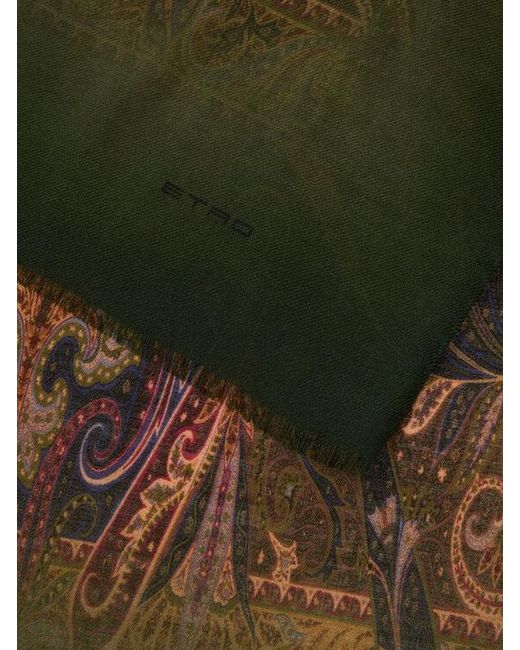 Etro Green Wool Scarf With Faded Print And Paisley Motif for men