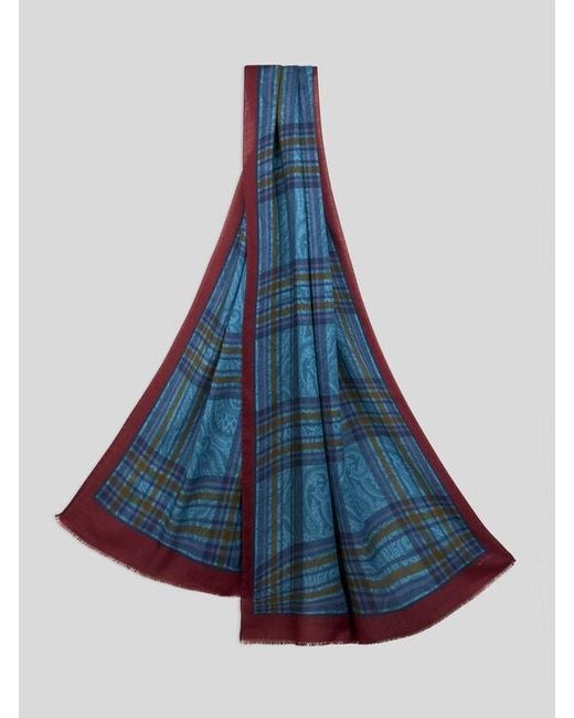 Etro Blue Wool And Silk Scarf With Print for men