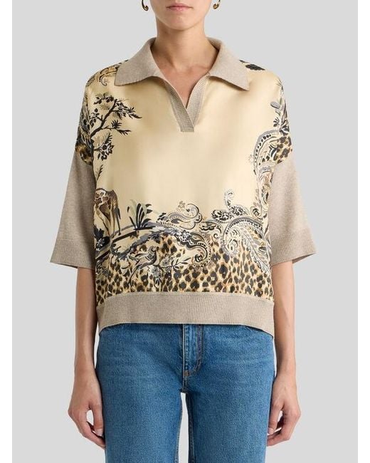Etro White Wool-Blend Sweater With Placed Animal And Paisley Print