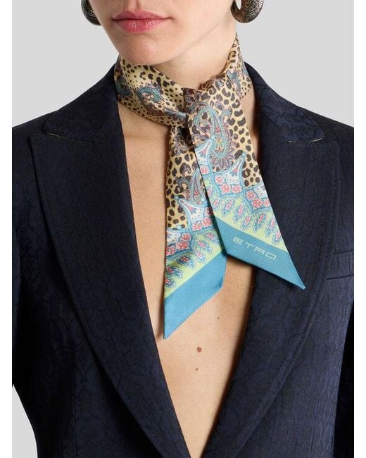 Etro Blue Silk Paisleyina With Paisley And Animal Motif