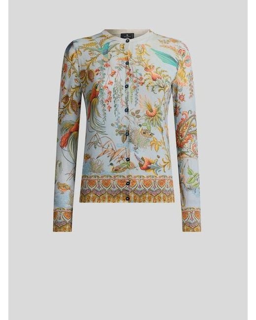 Etro Blue Silk And Cashmere Cardigan With Flora And Fauna Motif