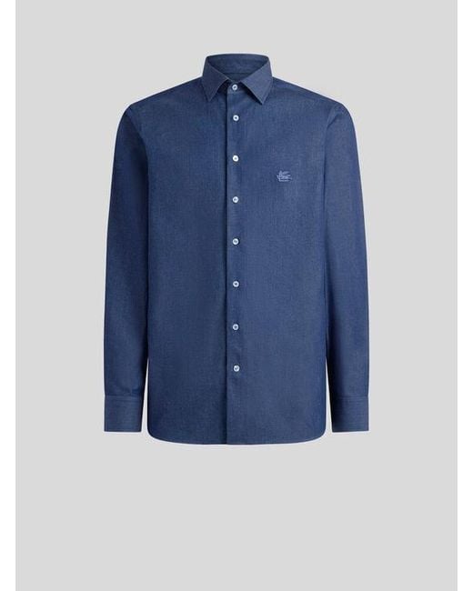 Etro Blue Chambray Shirt With Logo for men