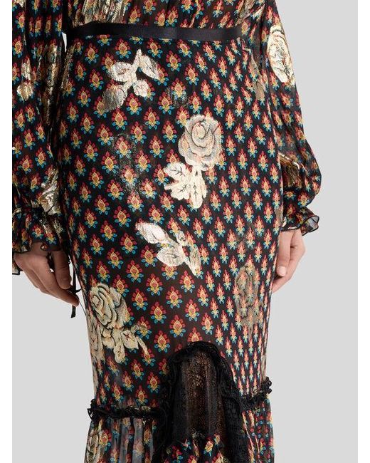 Etro Black Silk And Lace Maxi Skirt With Fil Coupé Roses And Tie-Inspired Motif