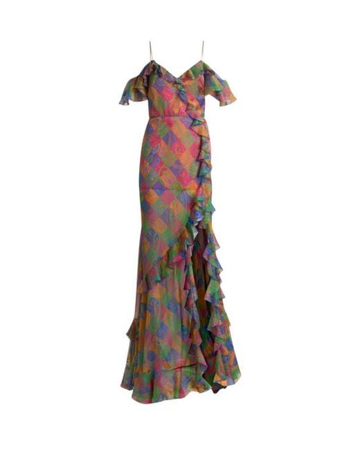 Etro White Silk Long Dress With Ruffles And Geometric Paisley Motif
