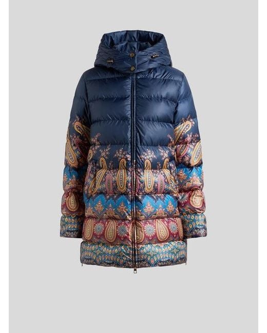 Etro Blue Down Jacket With Hood And Placed Print