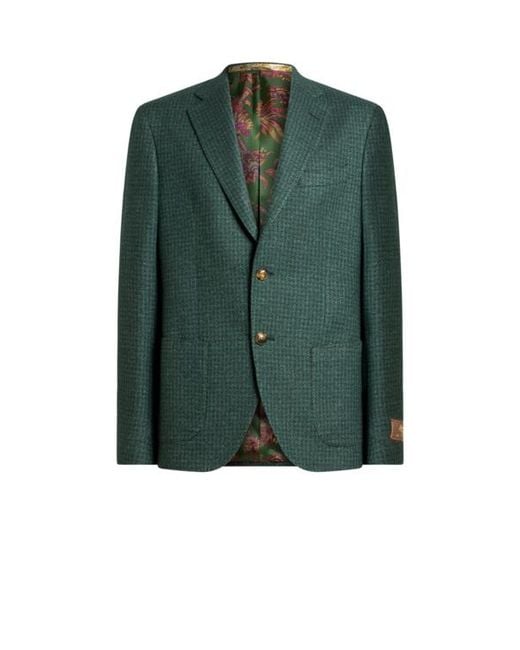 Etro Green Single-Breasted Silk And Cashmere Jersey Jacket With Houndstooth Motif for men