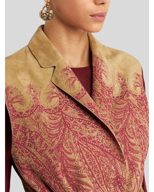 Etro Brown Suede Waistcoat With Placed Print