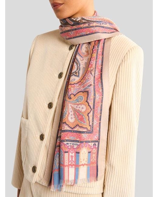 Etro Pink Cashmere, Silk And Wool Scarf With Paisley Motif