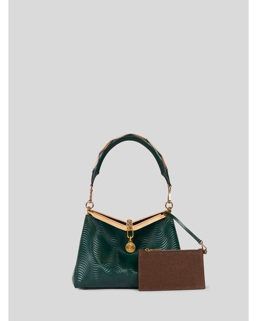 Etro Green Medium Vela Bag With Wavy Motif And Clutch