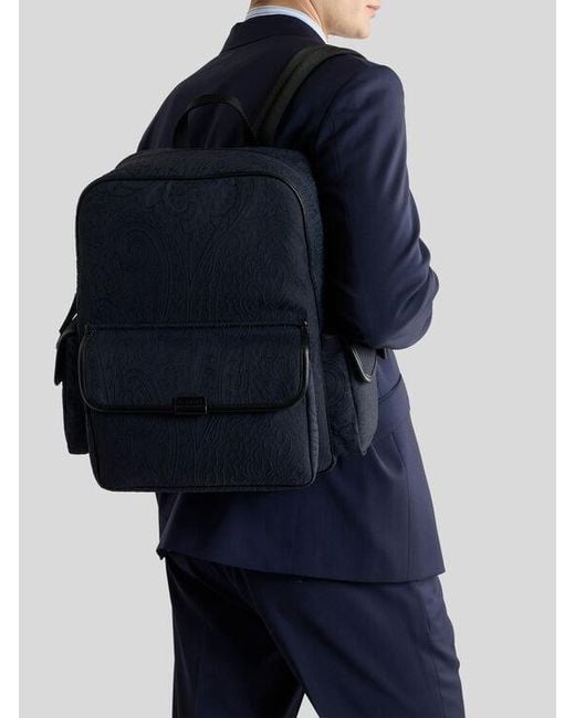 Etro Blue Nylon Jacquard Backpack for men