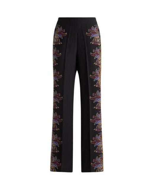 Etro Black Silk Palazzo Trousers With Placed Paisley Foliage Print