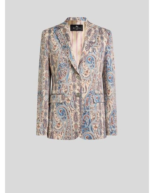 Etro White Single-Breasted Cotton-Blend Jacquard Jacket With Paisley Foliage Motif