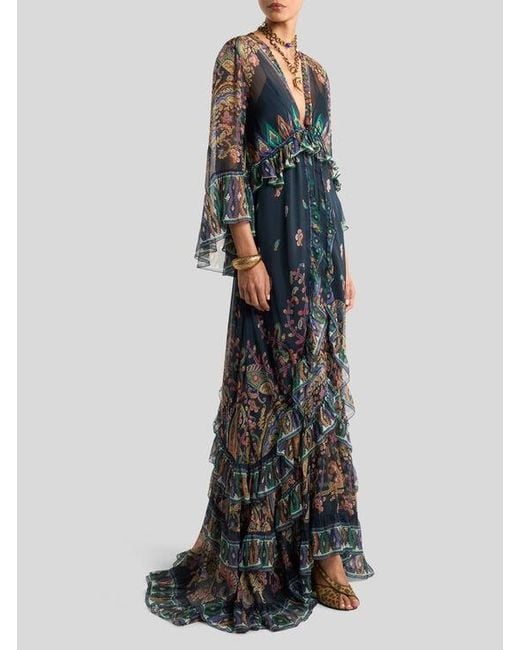 Etro Black Long Silk Dress With Placed Floral Paisley Print