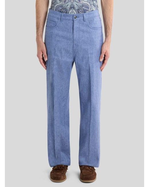 Etro Blue Straight-Leg Linen-Blend Denim Jeans With Pressed Creases for men