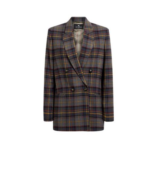 Etro Black Double-Breasted Stretch Wool Jacket With Check Motif