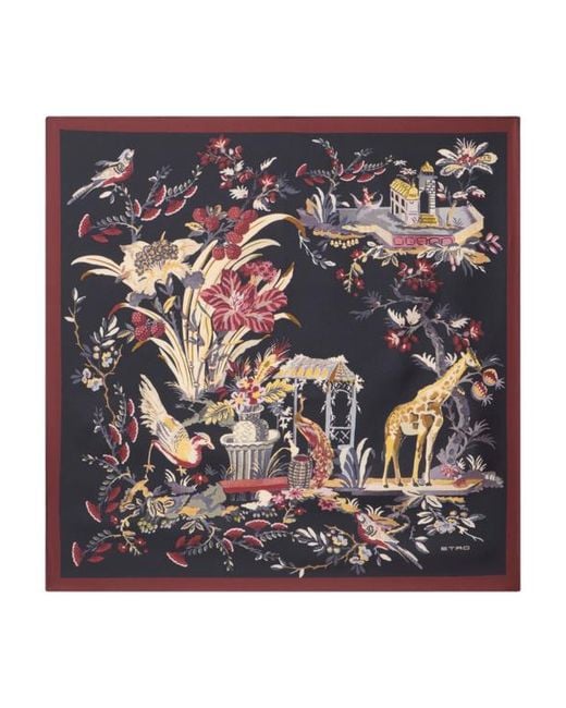Etro Blue Silk Twill Scarf With Floral Paisley Motif