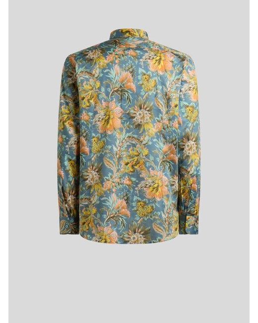 Etro Green Cotton Satin Shirt With Floral Motif for men