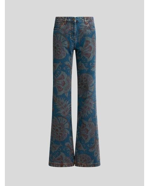 Etro Blue Flared Jeans With Floral Motif