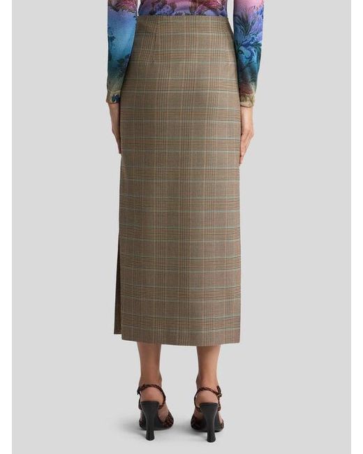 Etro Natural Stretch Wool Midi Skirt With Prince Of Wales Motif