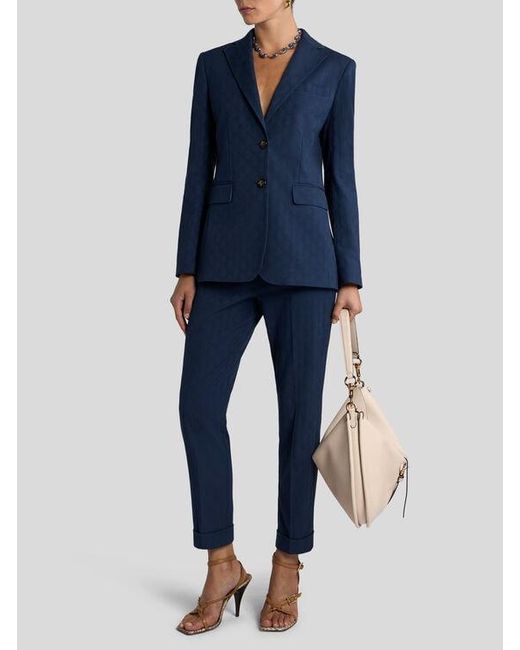 Etro Blue Cropped Cotton Jacquard Trousers With Micro Paisley Motif