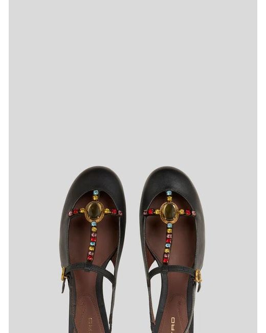 Etro Black Low Leather Slingbacks With Rhinestones