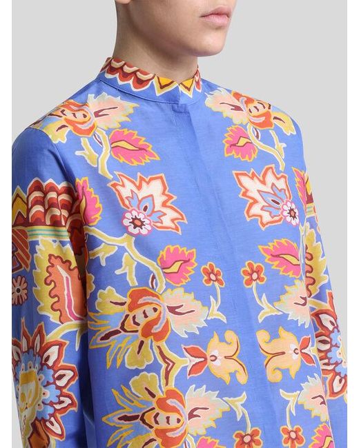 Etro Blue Cotton And Silk Shirt With Print