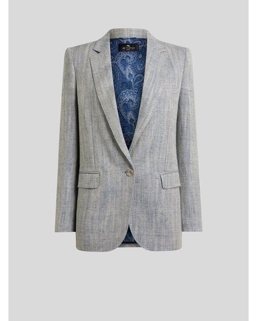Etro Blue Single-Breasted Linen-Blend Jacket