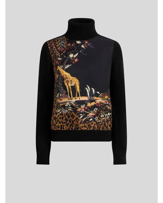 Etro Black Wool-Blend Turtleneck Sweater With Placed Animal And Paisley Print