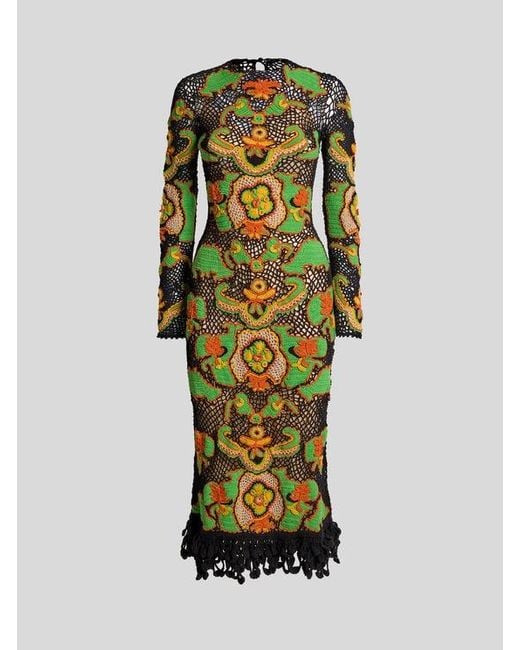 Etro White Long Cotton Dress With Crochet-Effect Floral Motif