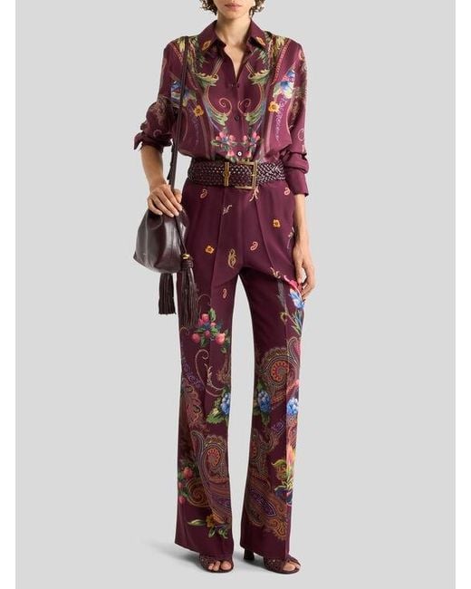 Etro Purple Silk Shirt With Placed Floral Paisley Print