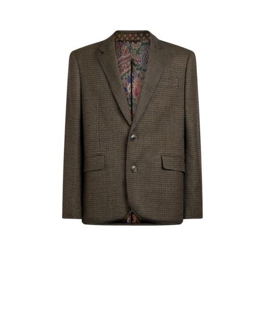 Etro Brown Single-Breasted Wool Jacket With Micro Houndstooth Motif for men