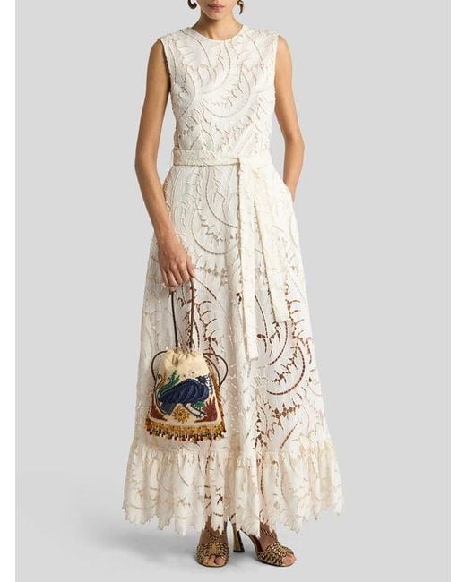 Etro White Long Cotton Poplin Dress With Embroidered Lace