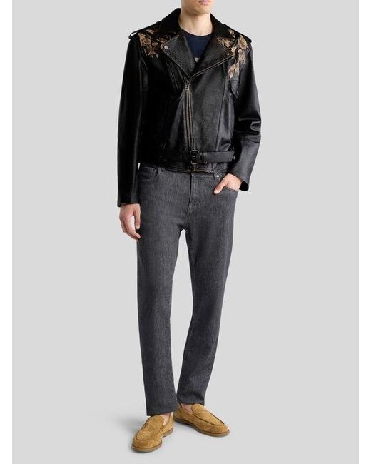 Etro Black Leather Biker Jacket With Placed Leopard Print for men