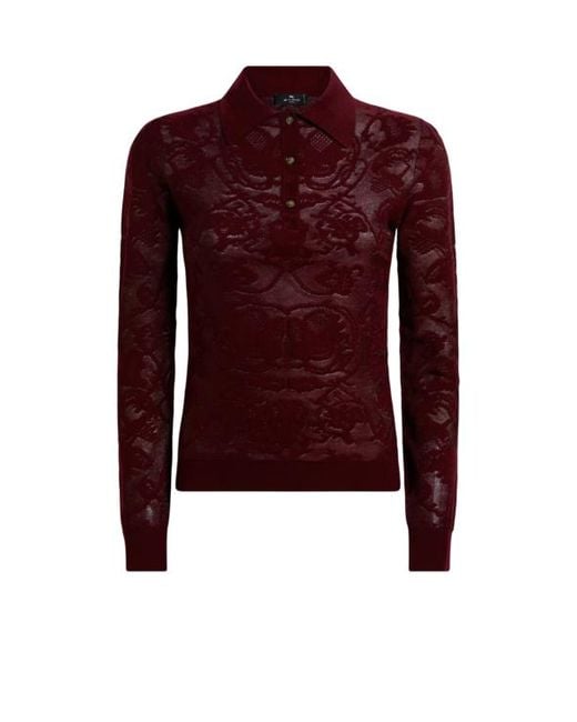 Etro Red Long-Sleeved Wool Jacquard Polo Shirt With Placed Motif