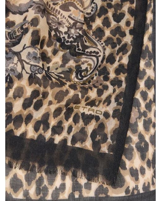 Etro Natural Cashmere Scarf With Animal And Flower Print