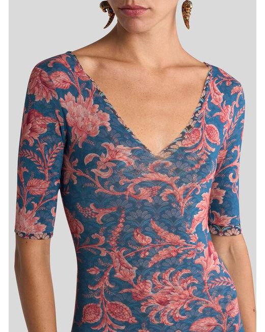 Etro Blue Stretch Tulle Midi Dress With Floral Motif