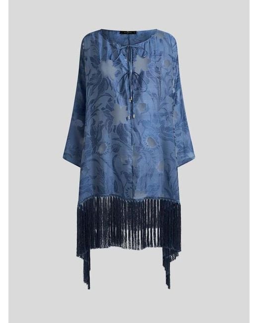 Etro Blue Silk Jacquard Kaftan With Fringing And Fil Coupé Floral Motif