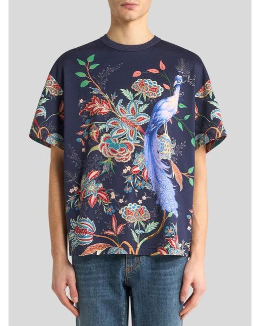 Etro T-Shirt Aus Baumwolle Mit Pfauenprint, Herren, Größe in Blue für Herren