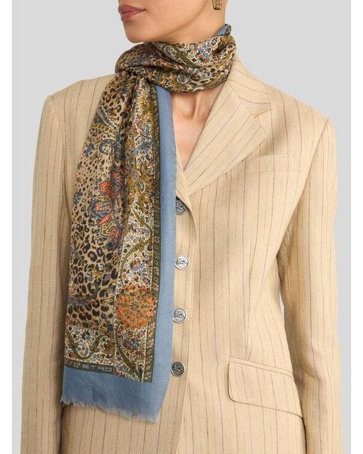 Etro Natural Cashmere-Blend Scarf With Paisley And Animal Motif