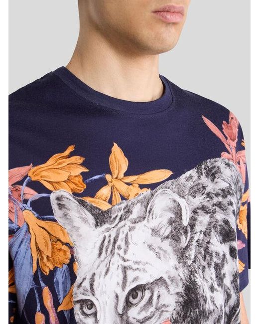 Etro Blue Cotton T-Shirt With Placed Print for men