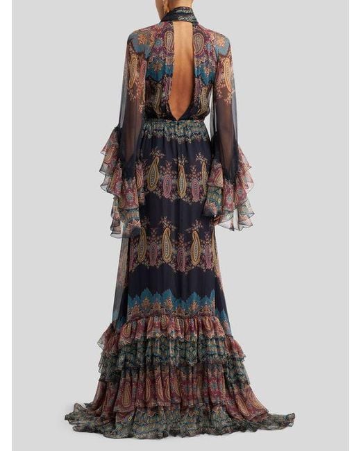 Robe Longue En Soie À Imprimé Placé, Femme, Taille Etro en coloris Black
