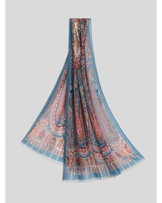 Etro Blue Silk Scarf With Placed Print