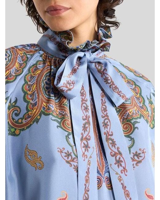Etro Blue Silk Blouse With Silk Scarf And Placed Floral Paisley Print