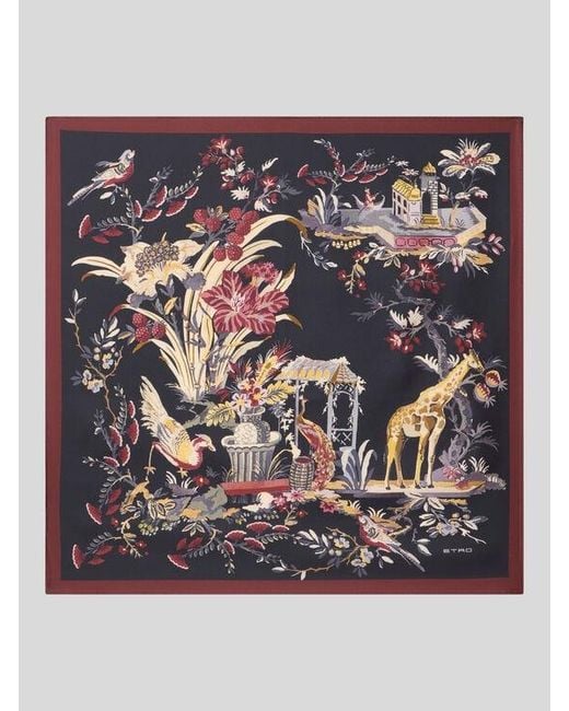 Etro Blue Silk Twill Scarf With Floral Paisley Motif