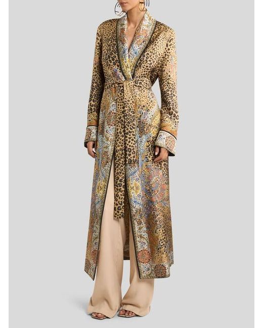 Etro Natural Silk Robe Coat With Paisley And Animal Motif